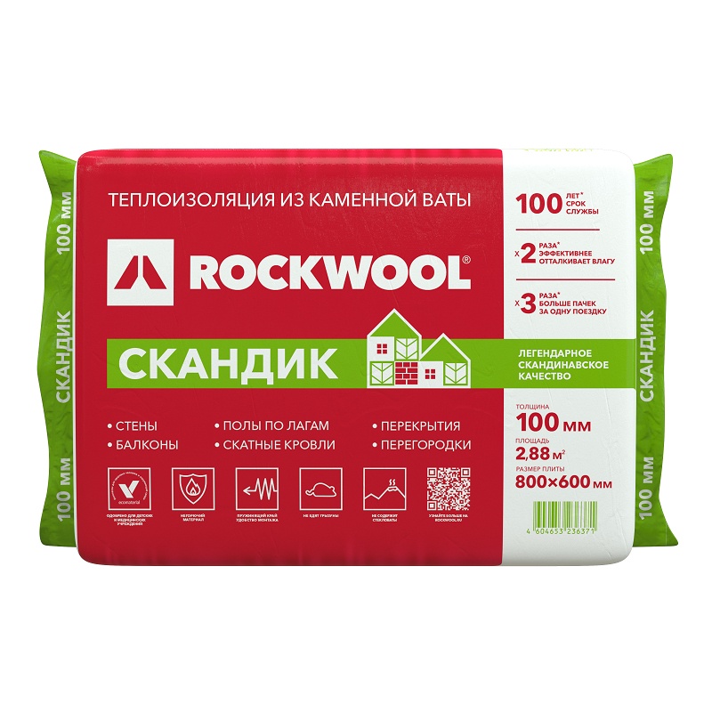 Утеплитель Rockwool Лайт Баттс Скандик 800х600х100 мм, 6 шт